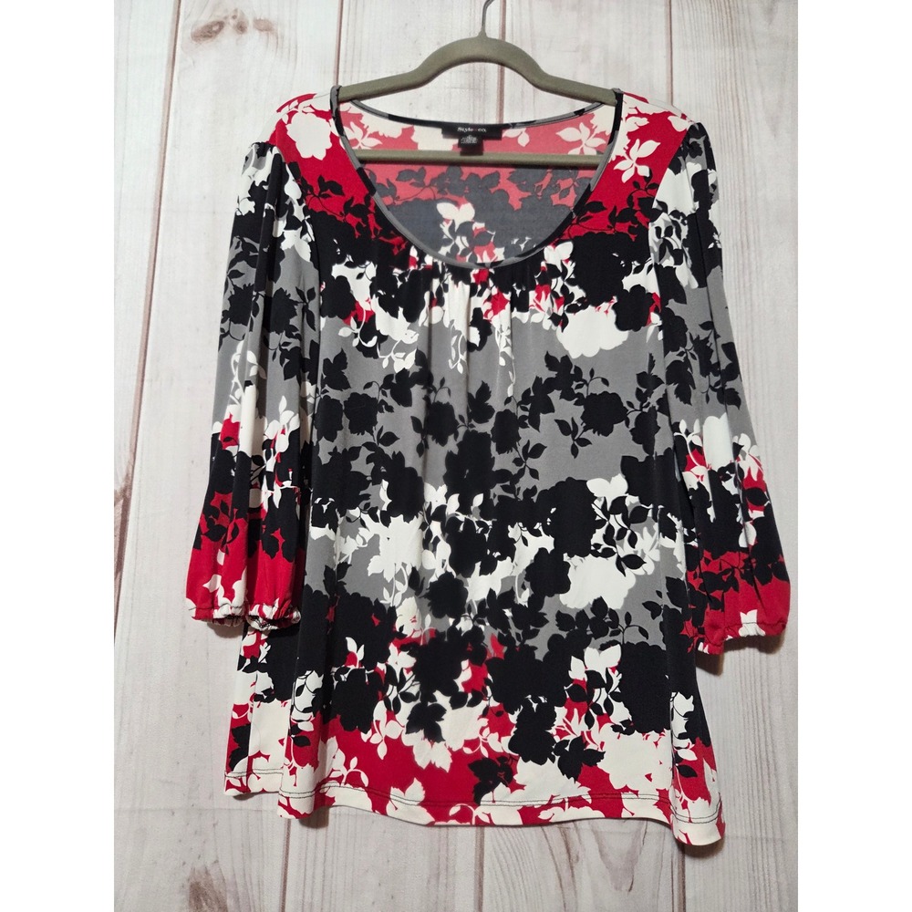 Style & Co Womens Red‎ Black White Floral Scoop Neck 3/4 Sleeve Blouse Size M